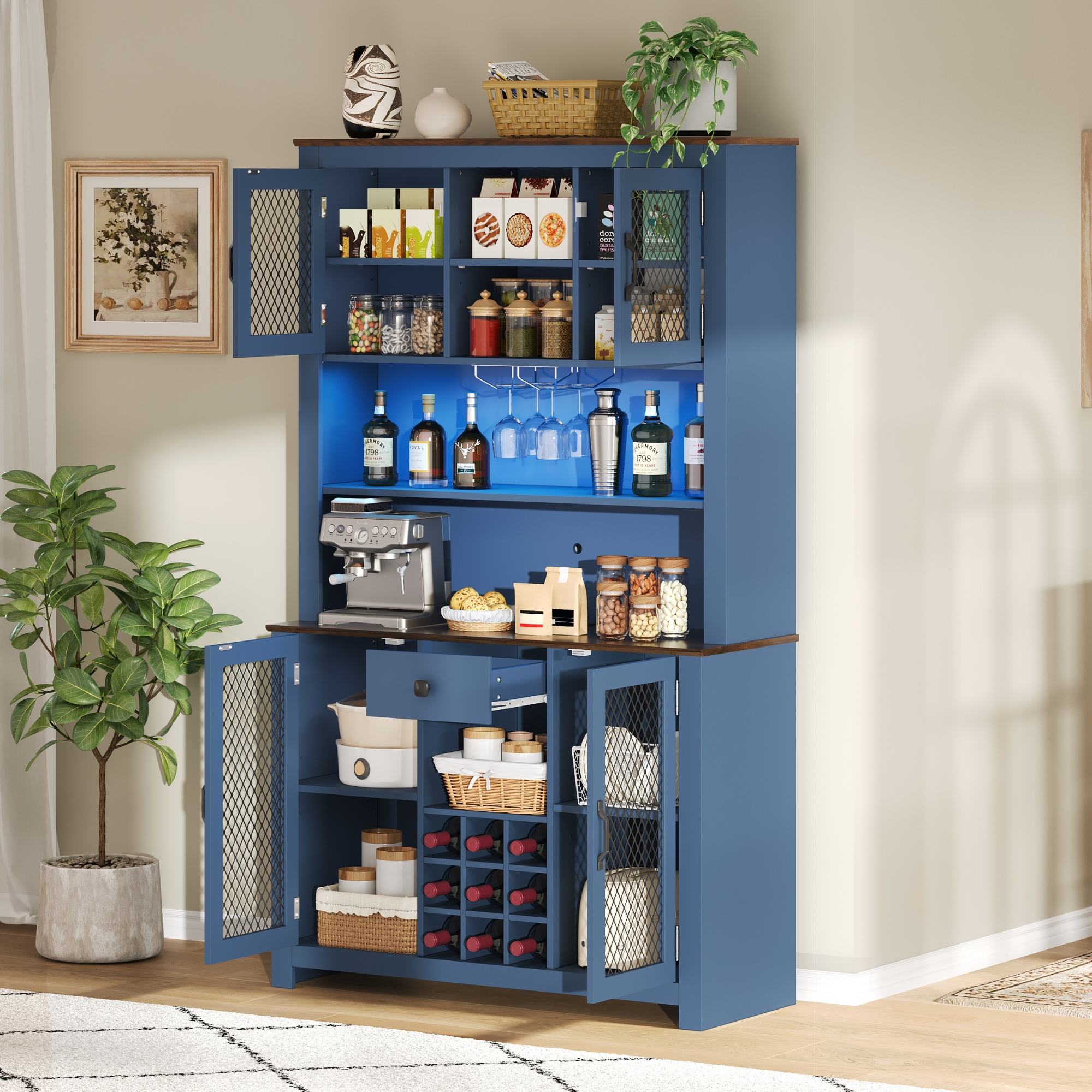Kitchen Pantry Cabinet with Shelves & LED Lights – Rustic Storage Hutch (Blue)
