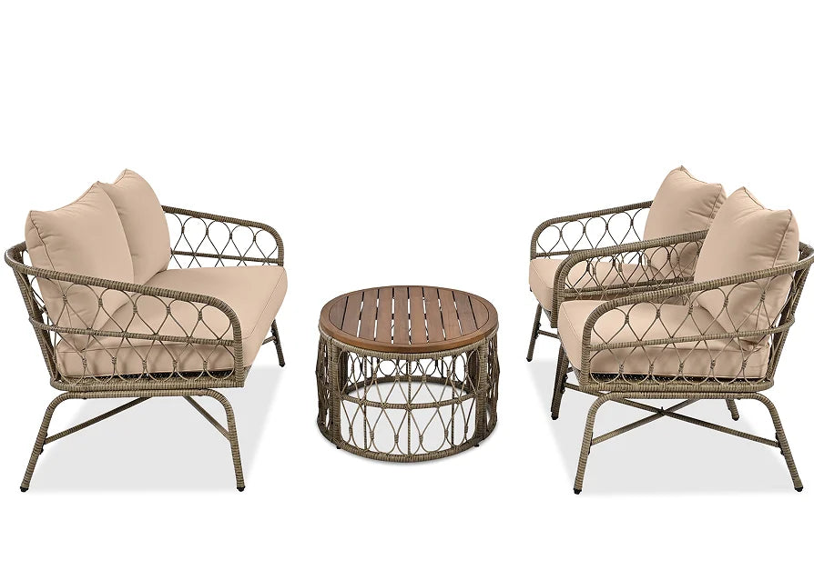 Boho-Inspired 4-Piece Outdoor Wicker Patio Set with Cushions and Coffee Table
