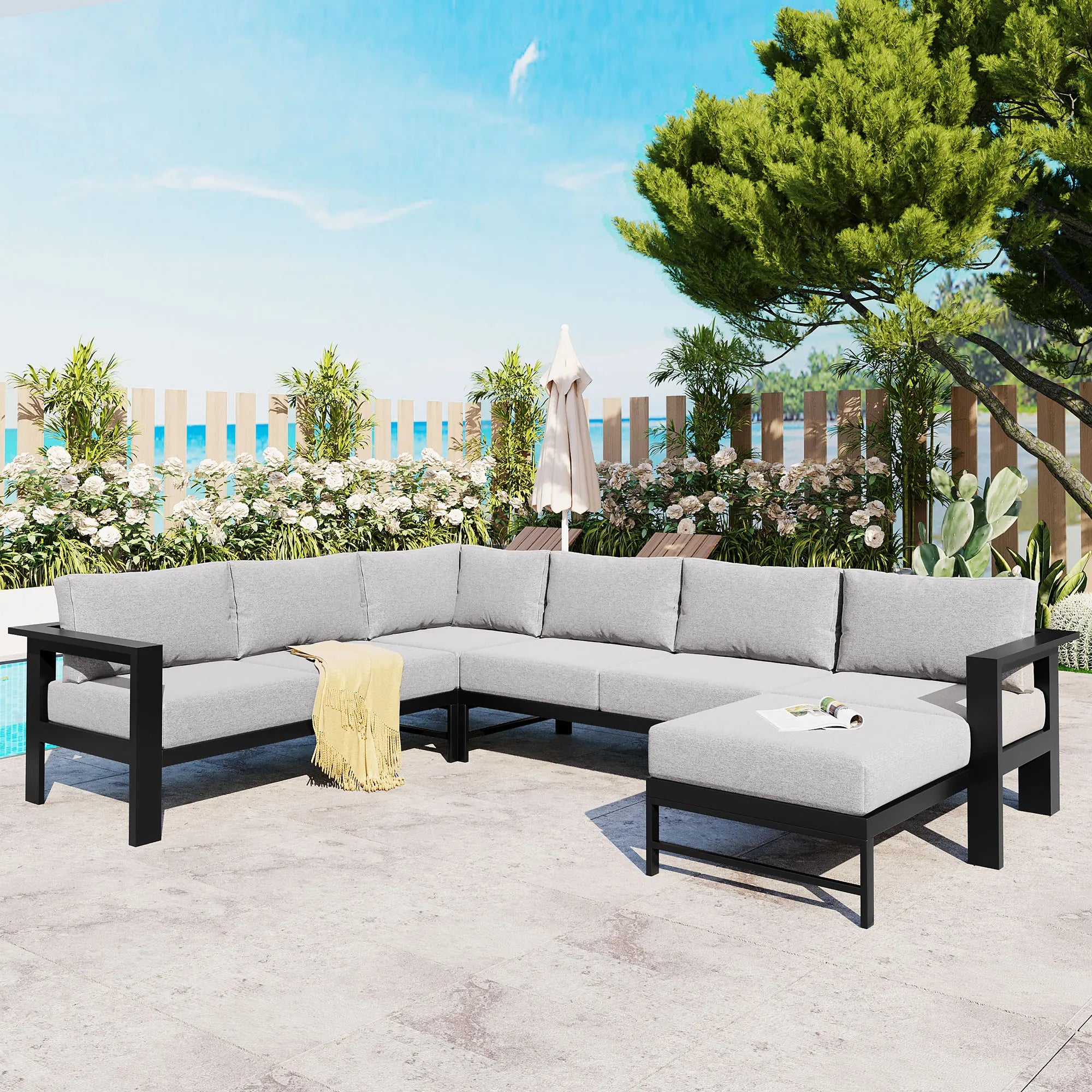 L-Shaped Outdoor Patio Sectional Sofa Set with Ottoman – Gray Cushions