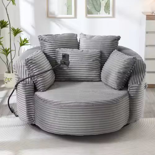 360° Swivel Corduroy Barrel Chair with Phone Holder & 5 Pillows