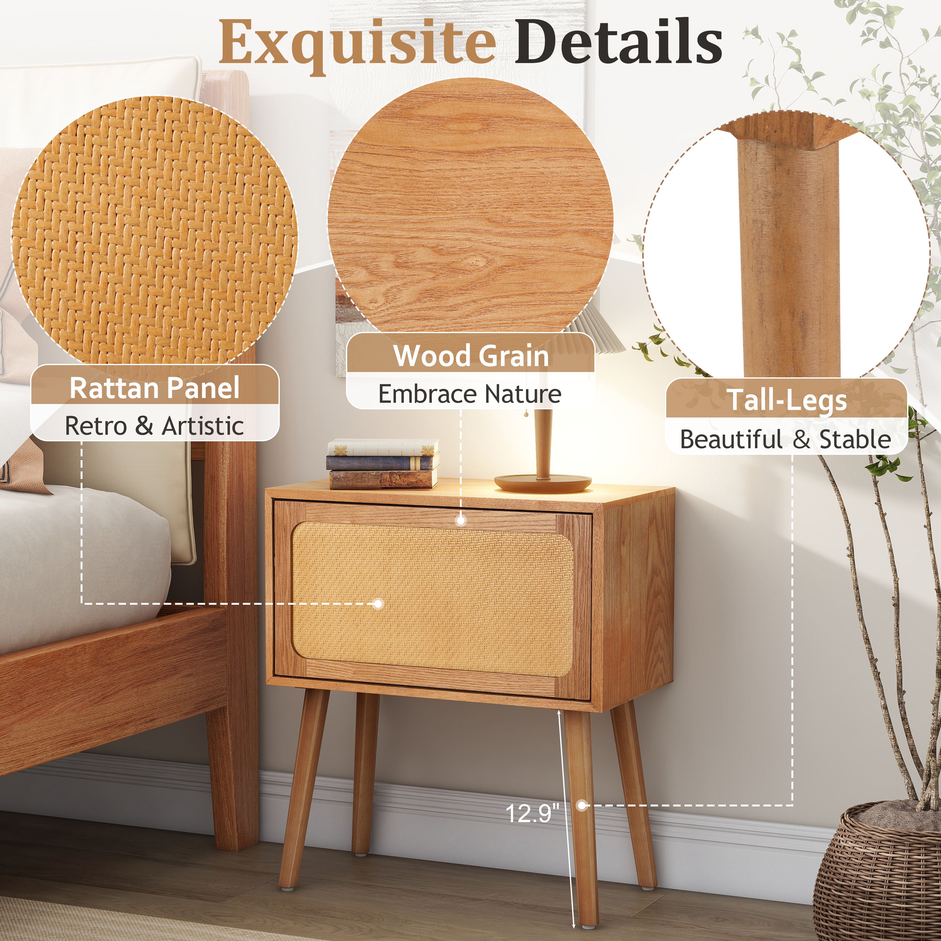 Natural Modern Wood Nightstand with Hidden Storage – Rotating Compartment Side Table (2)