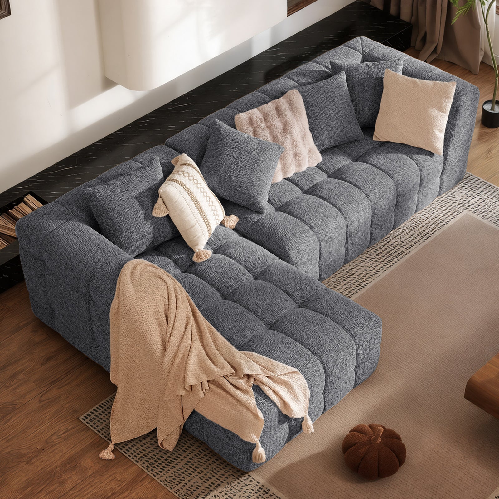 Oversized Chenille Cloud Sectional Sofa – Boneless L-Shaped Deep Seat Couch