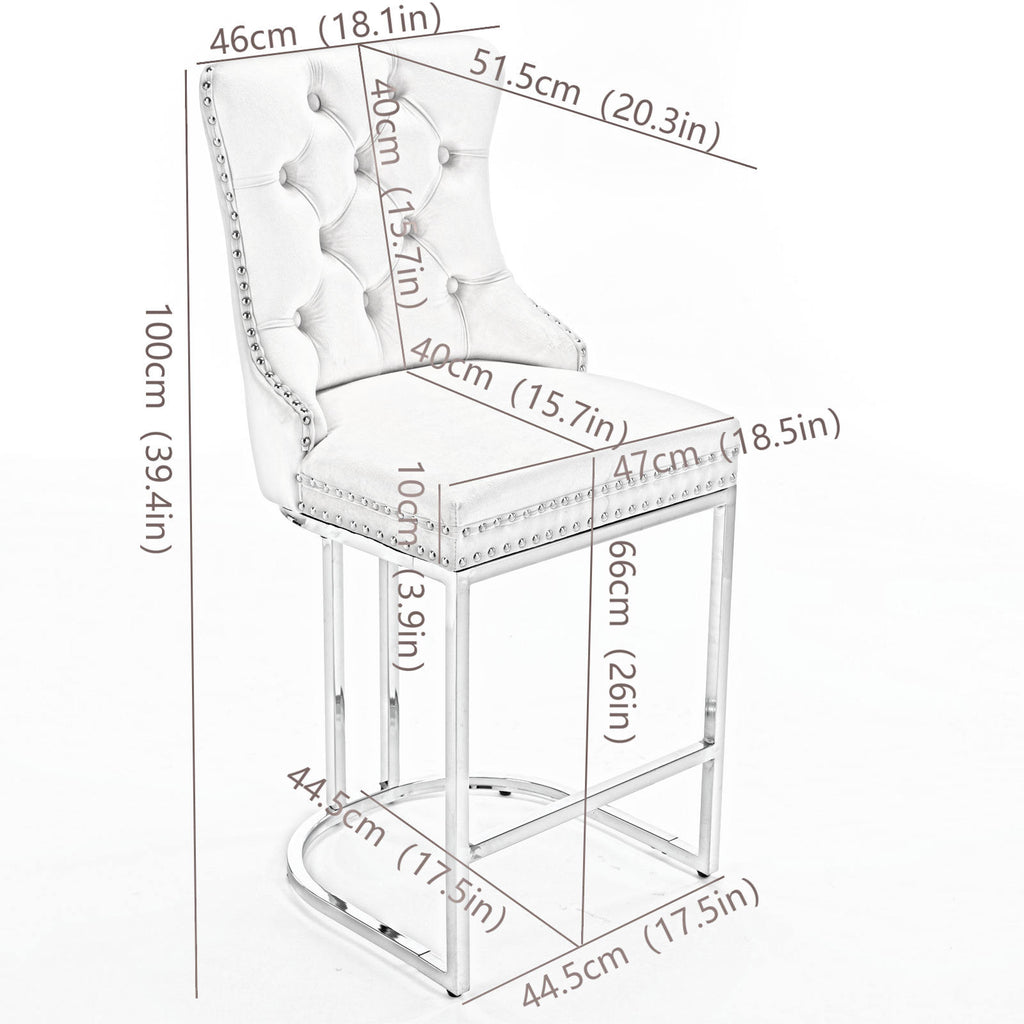 Velvet Counter Height Bar Stools (Set of 2) – Tufted Dining Chairs in White