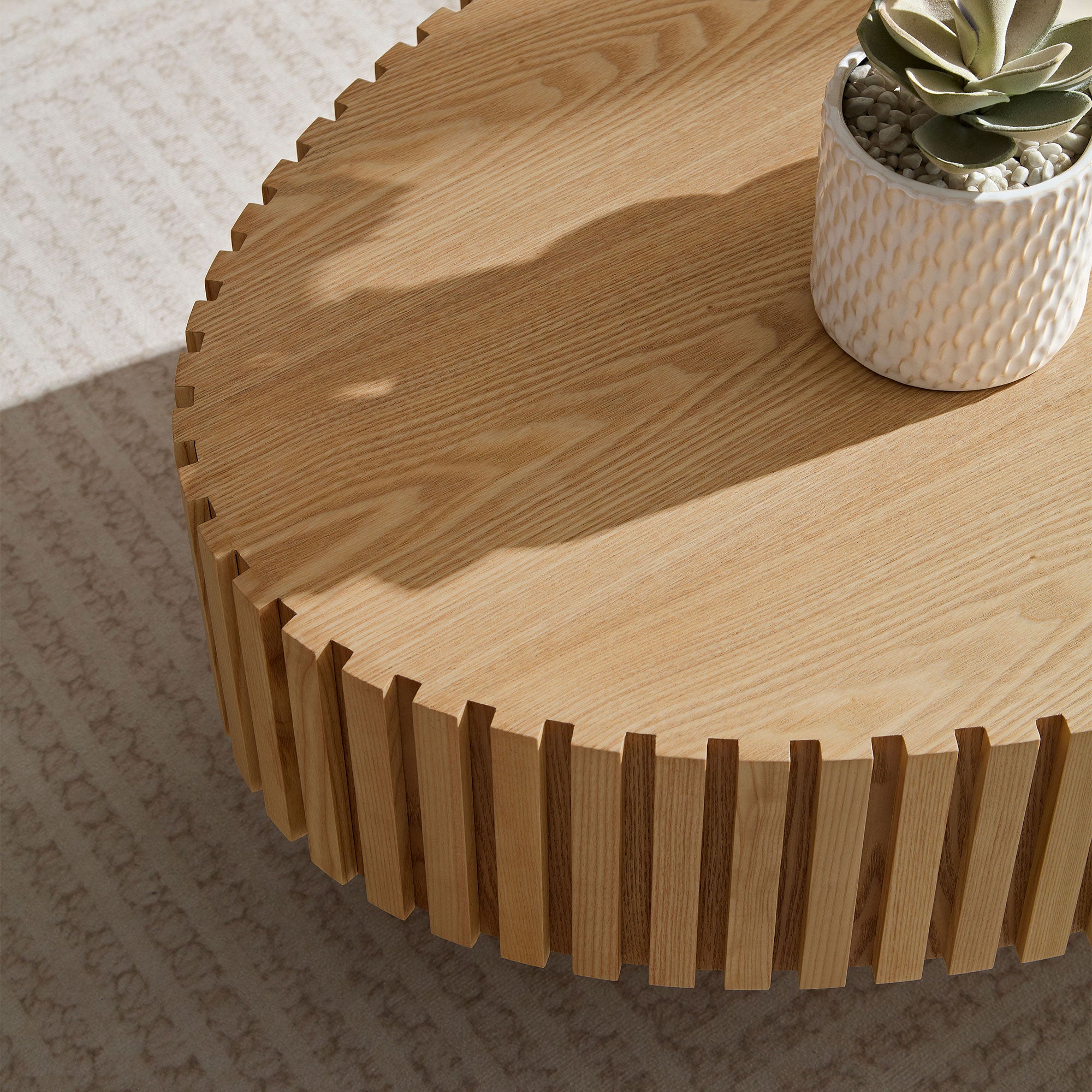 Natural Wood Fluted Coffee Table – Modern Oval Drum Coffee Table for Living Room