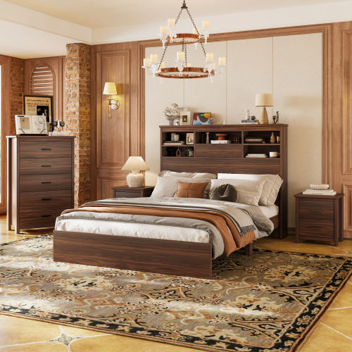 Modern Walnut 4-Piece Queen Bedroom Set with Storage Headboard