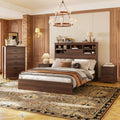 Modern Walnut 4-Piece Queen Bedroom Set with Storage Headboard