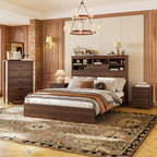 Modern Walnut 4-Piece Queen Bedroom Set with Storage Headboard