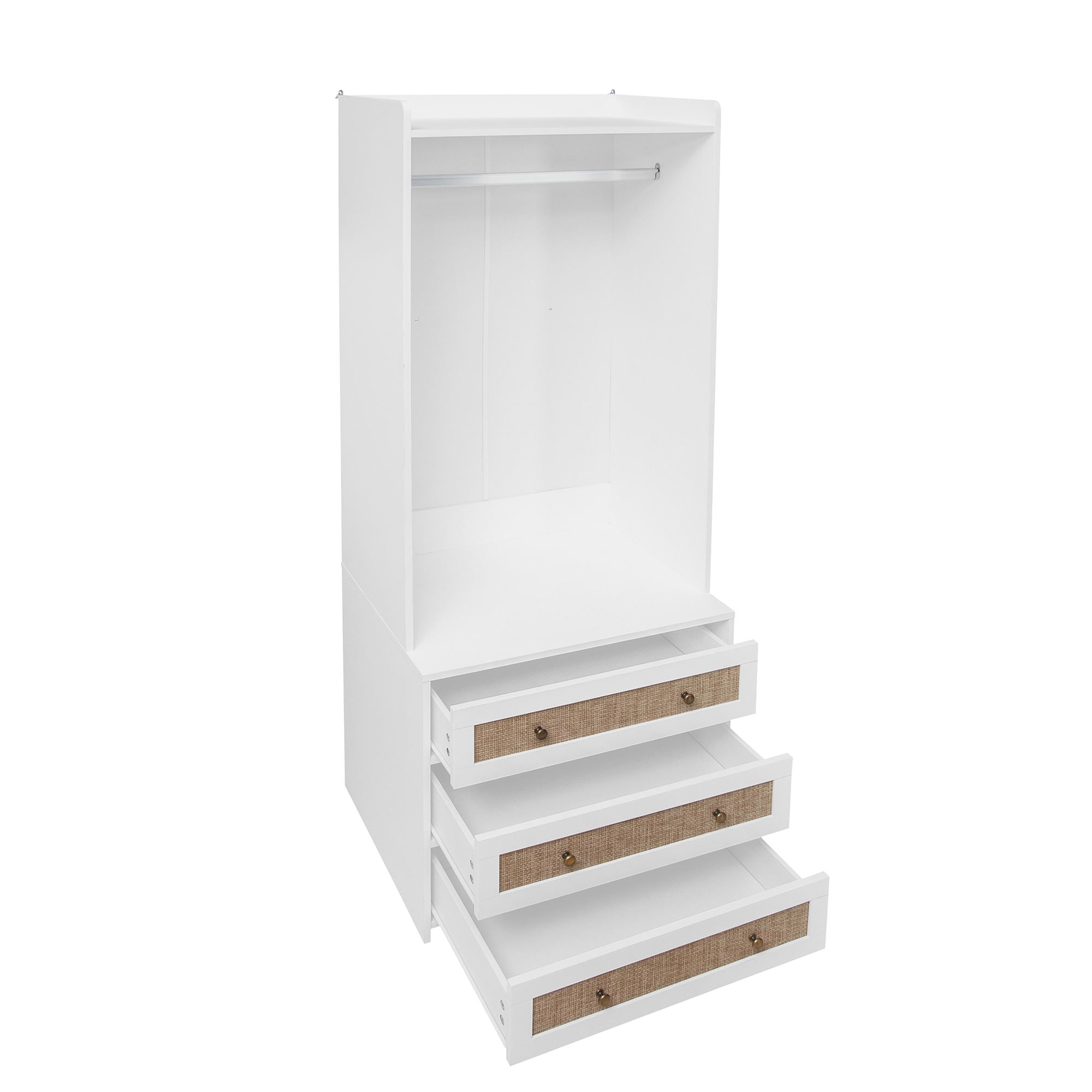 Modern White Solid Wood Wardrobe Cabinet with Drawer and Hanging Rod