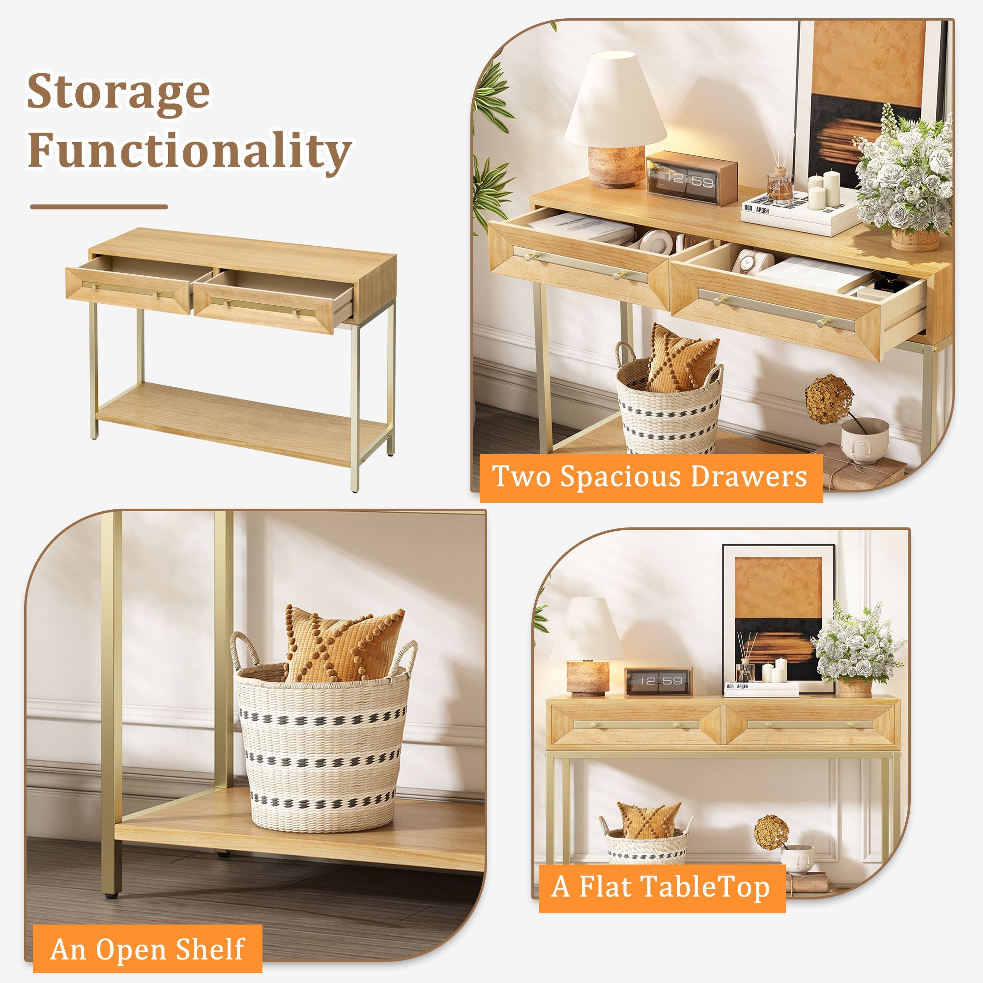 Wood Entryway Console Table with Drawers – Natural Finish Hallway Table