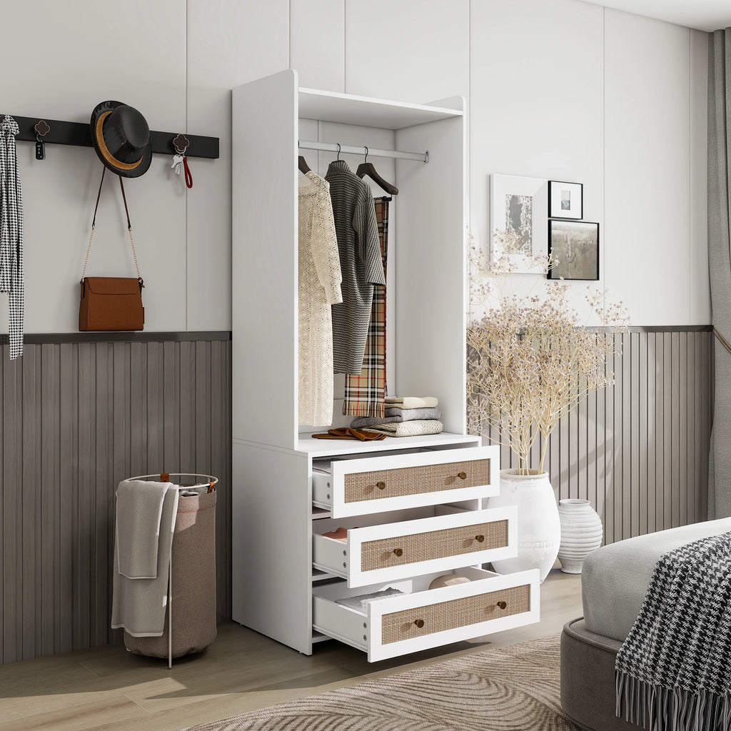 Modern White Solid Wood Wardrobe Cabinet with Drawer and Hanging Rod