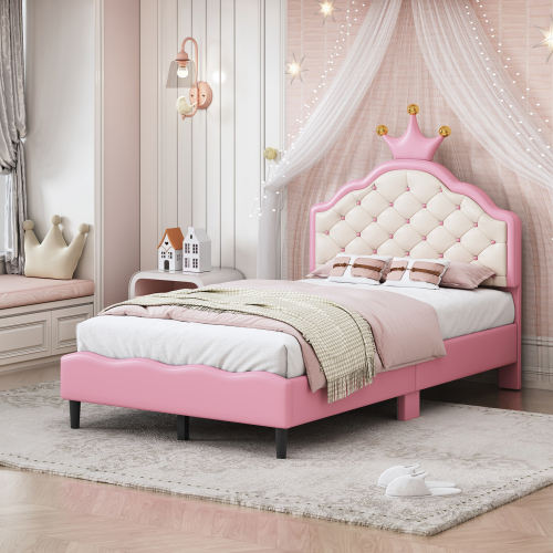 Princess Crown Full Bed – Pink & Cream Tufted Headboard