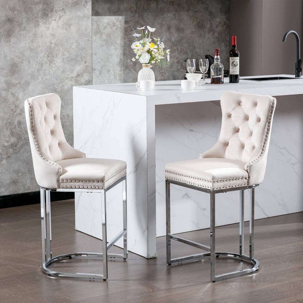 Velvet Counter Height Bar Stools (Set of 2) – Tufted Dining Chairs in White