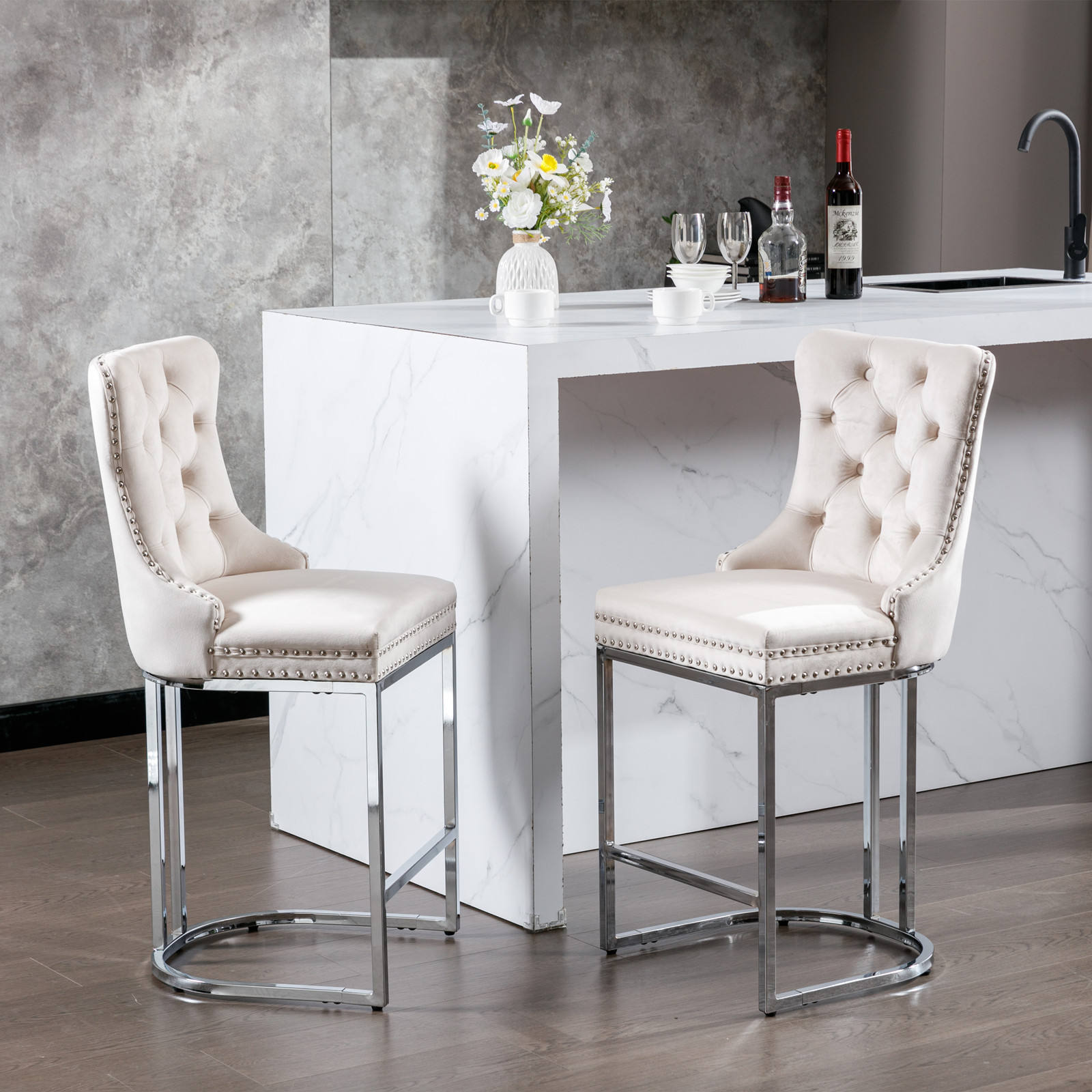 Velvet Counter Height Bar Stools (Set of 2) – Tufted Dining Chairs in White