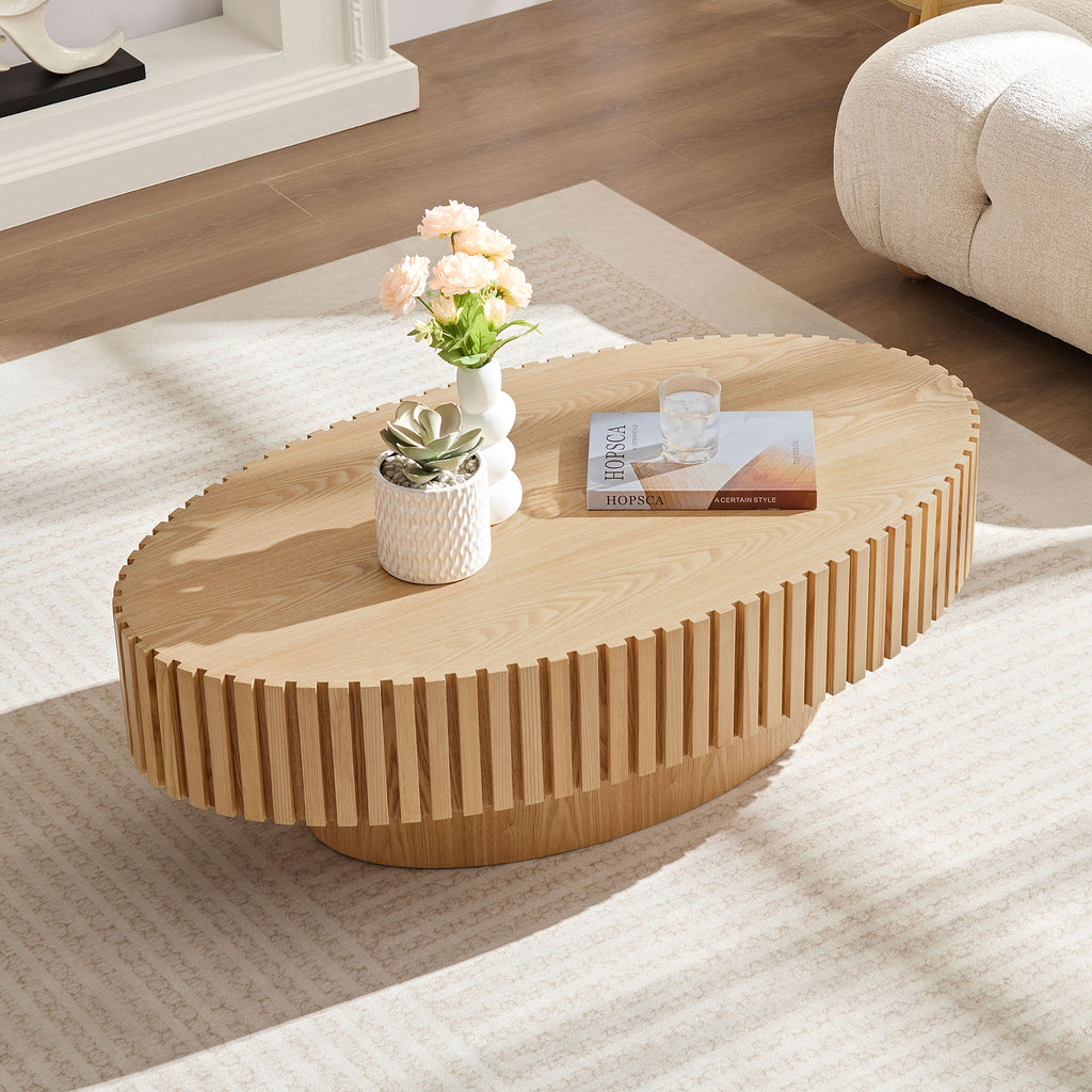 Natural Wood Fluted Coffee Table – Modern Oval Drum Coffee Table for Living Room
