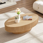 Natural Wood Fluted Coffee Table – Modern Oval Drum Coffee Table for Living Room