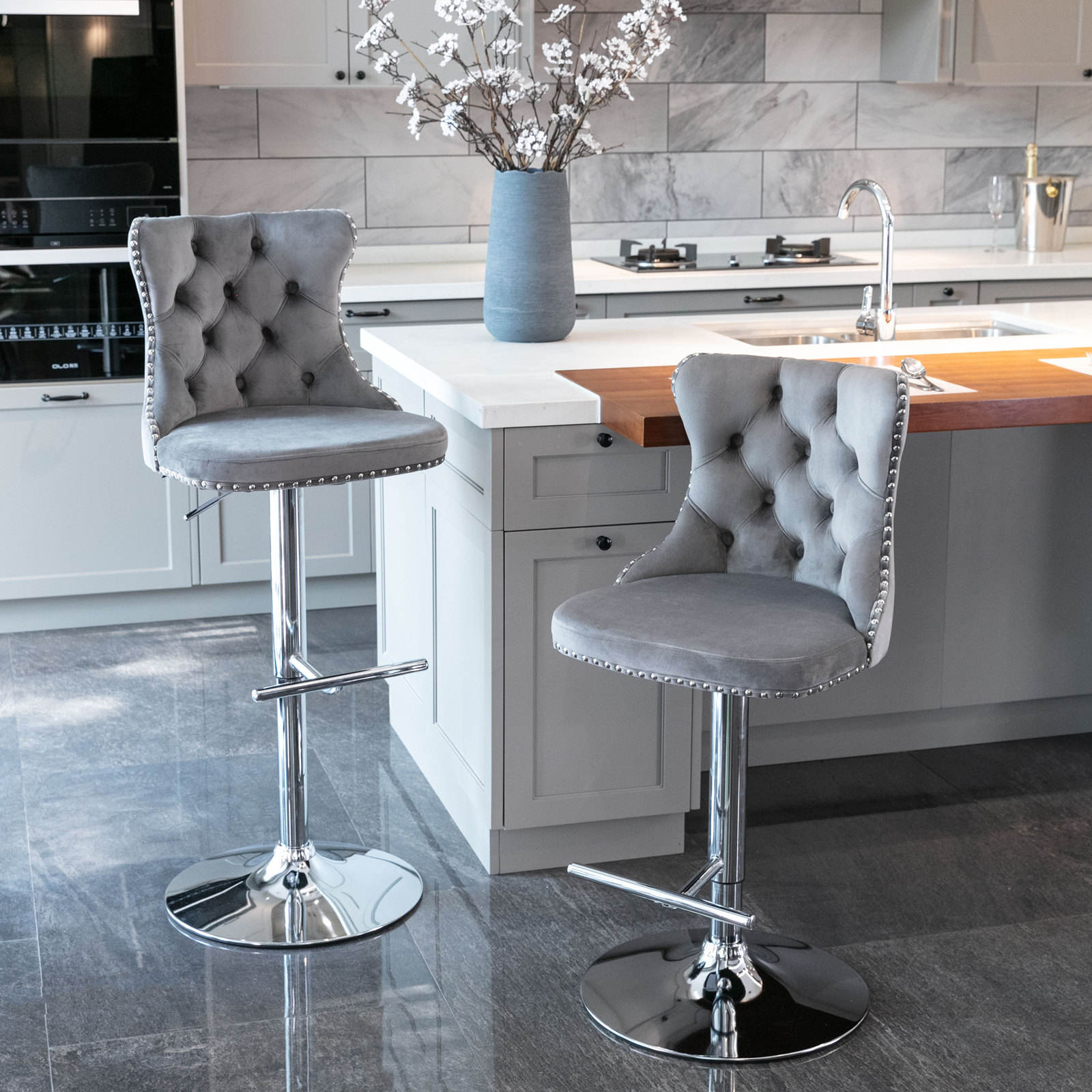 Black Velvet Bar Stools (Set of 2) – Tufted Chairs with Gold Base