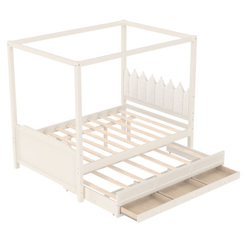 Twin Princess Canopy Bed Frame with Trundle & Storage Drawers
