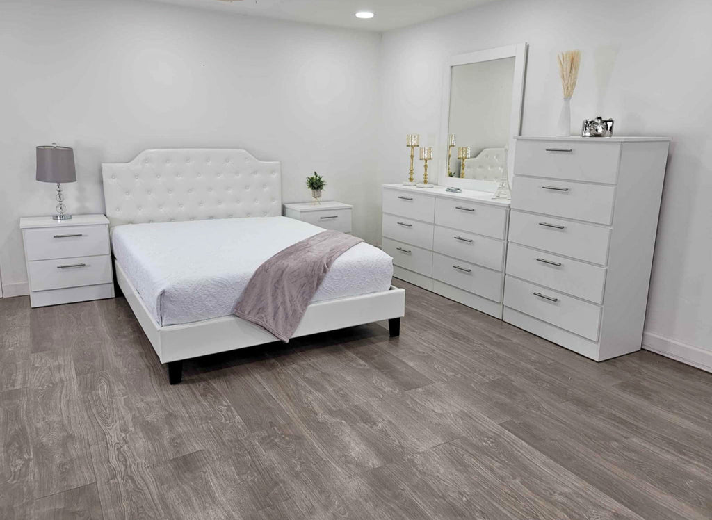 White Queen Button Tufted Bedroom Set with Dresser, Chest, Mirror & Nightstands