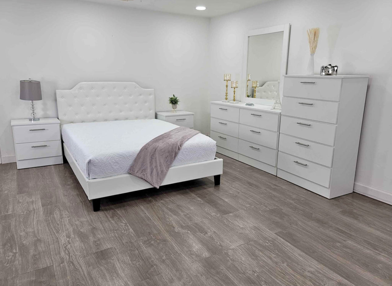 White Queen Button Tufted Bedroom Set with Dresser, Chest, Mirror & Nightstands