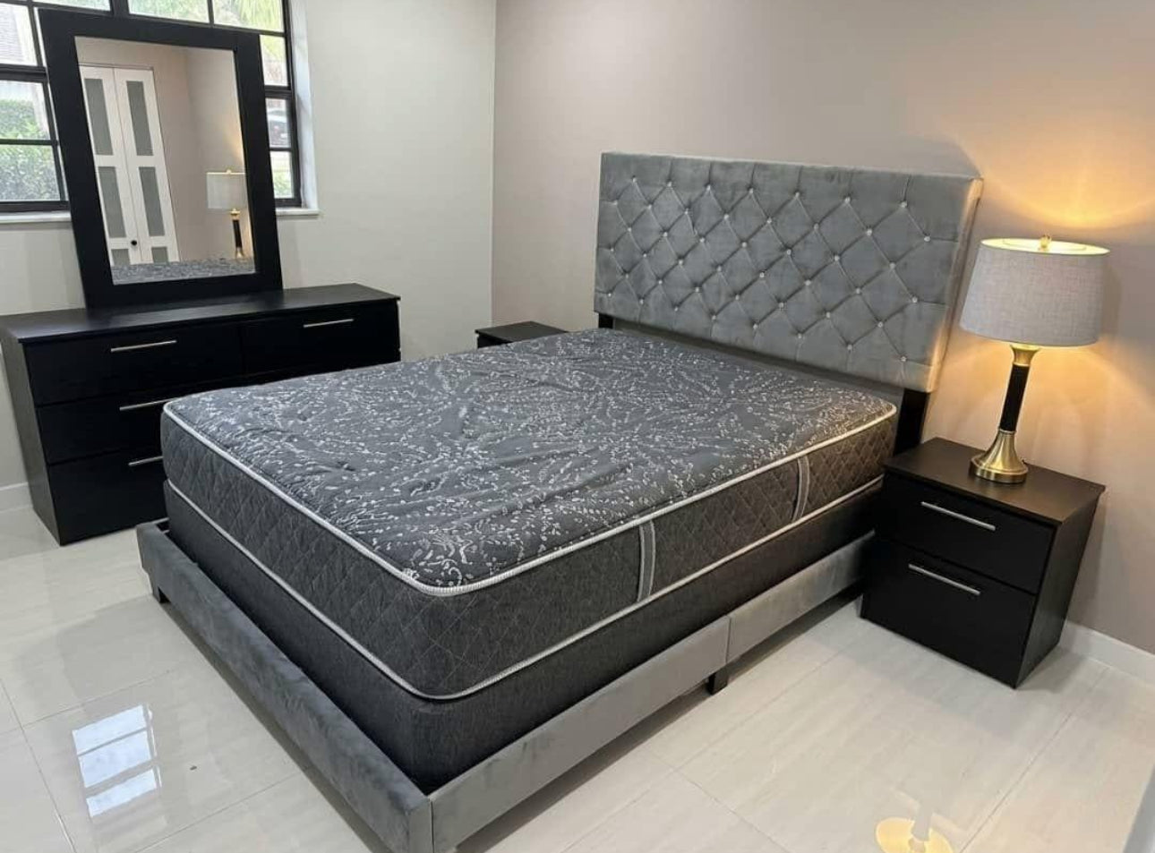Grey Luxe Diamond Velvet Bed-9300