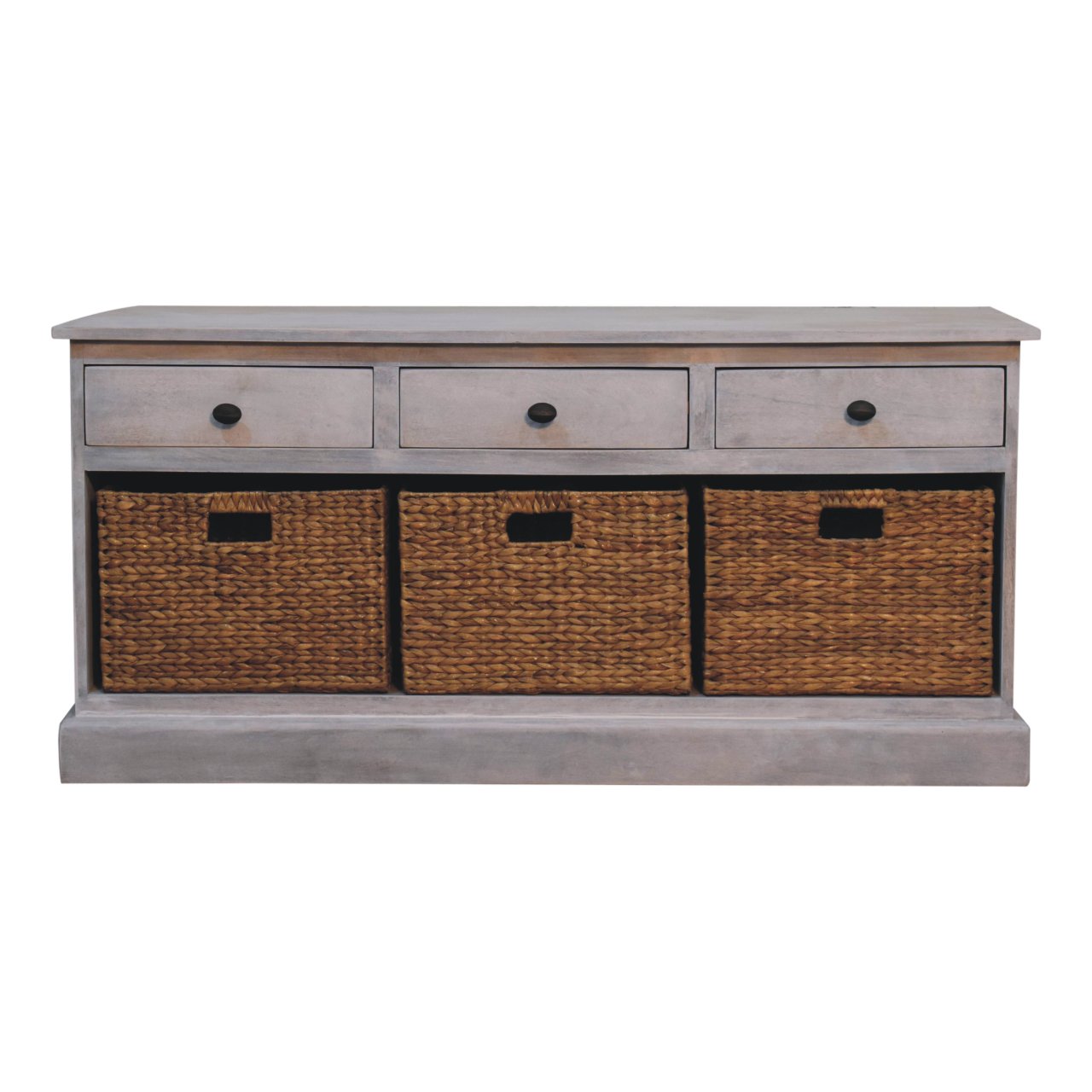 Handcrafted Mango Wood Storage Cabinet with Woven Basket Drawers – Rustic Grey Ash Console