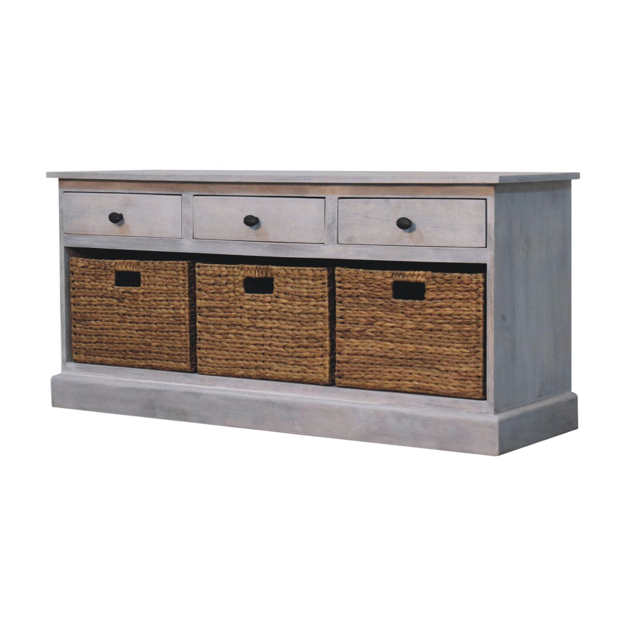 Handcrafted Mango Wood Storage Cabinet with Woven Basket Drawers – Rustic Grey Ash Console