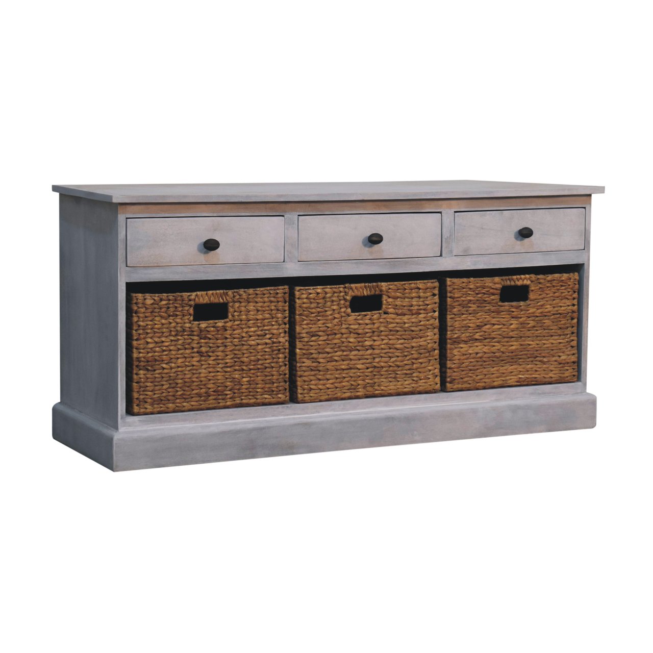 Handcrafted Mango Wood Storage Cabinet with Woven Basket Drawers – Rustic Grey Ash Console