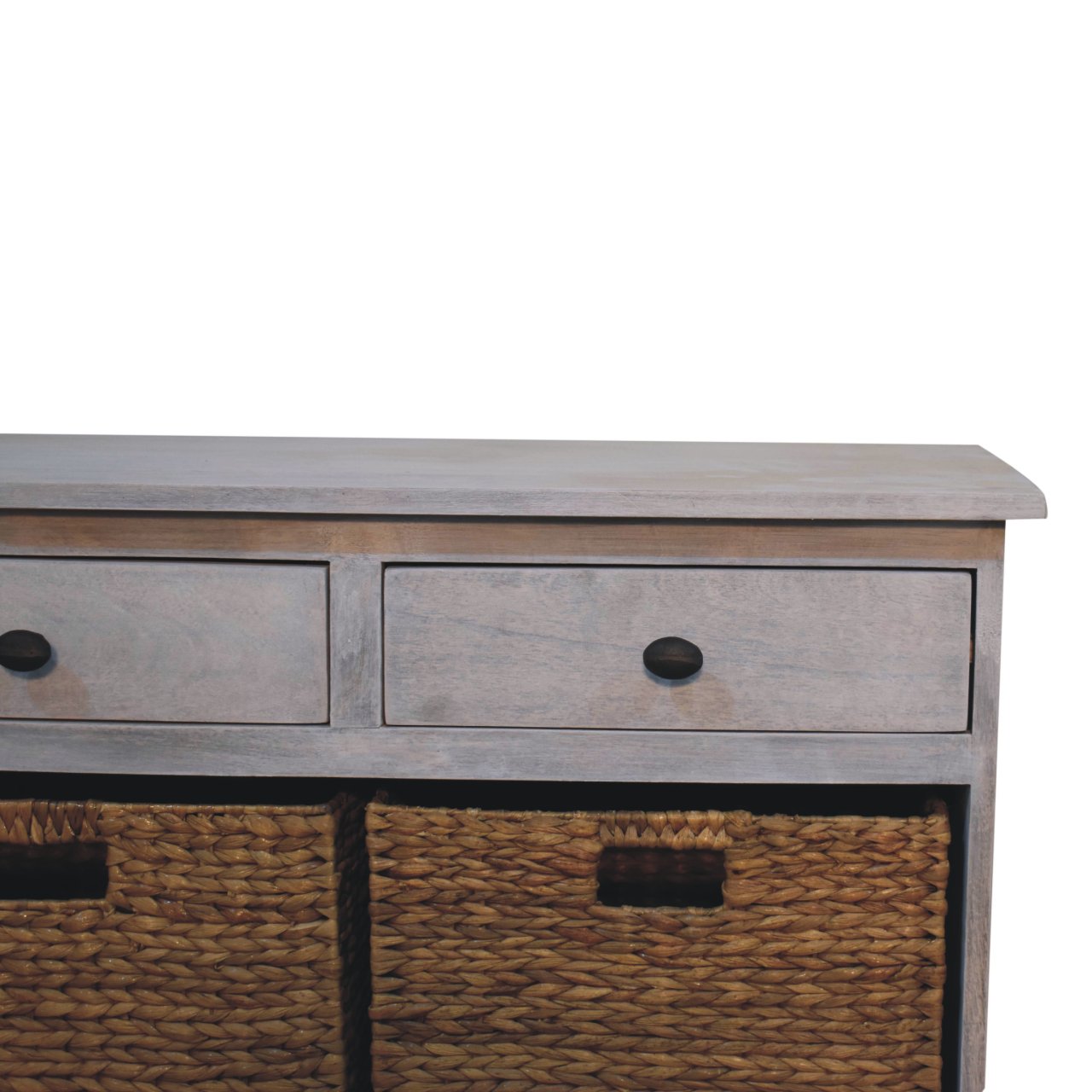 Handcrafted Mango Wood Storage Cabinet with Woven Basket Drawers – Rustic Grey Ash Console