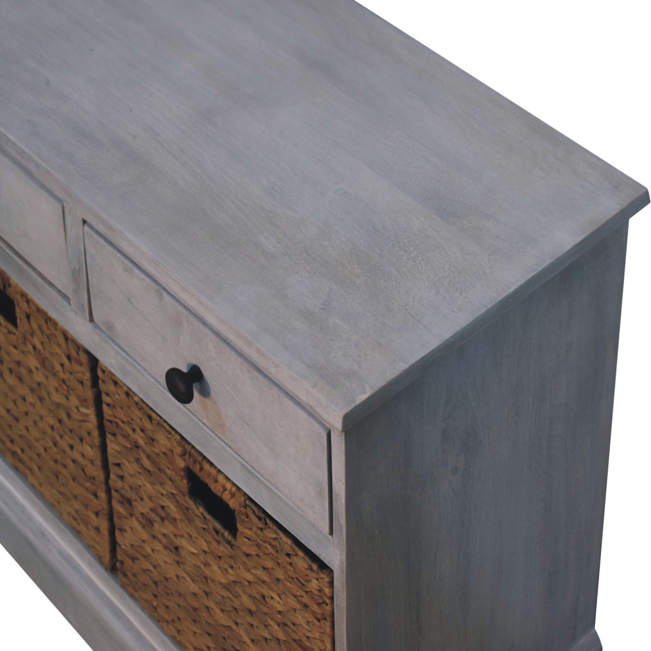 Handcrafted Mango Wood Storage Cabinet with Woven Basket Drawers – Rustic Grey Ash Console