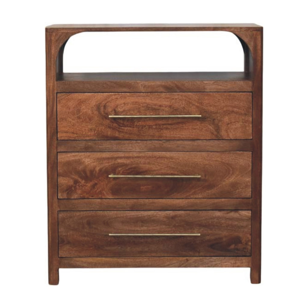 Solid Mango Wood 3-Drawer Storage Chest with Open Shelf