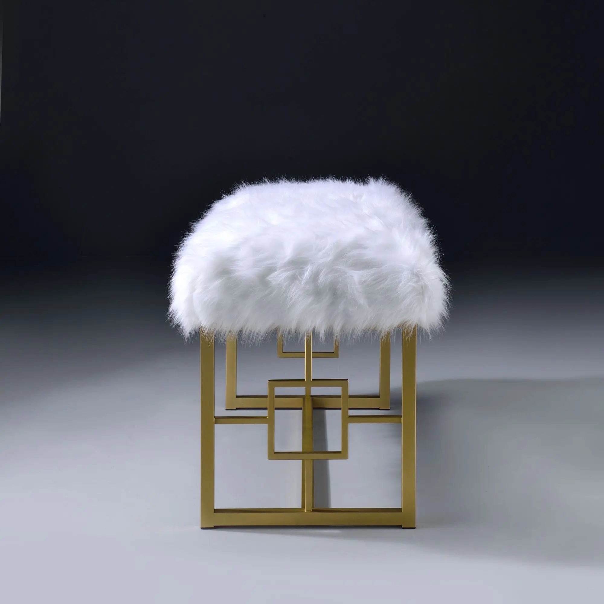 Modern White Faux Fur Bench with Gold Metal Frame