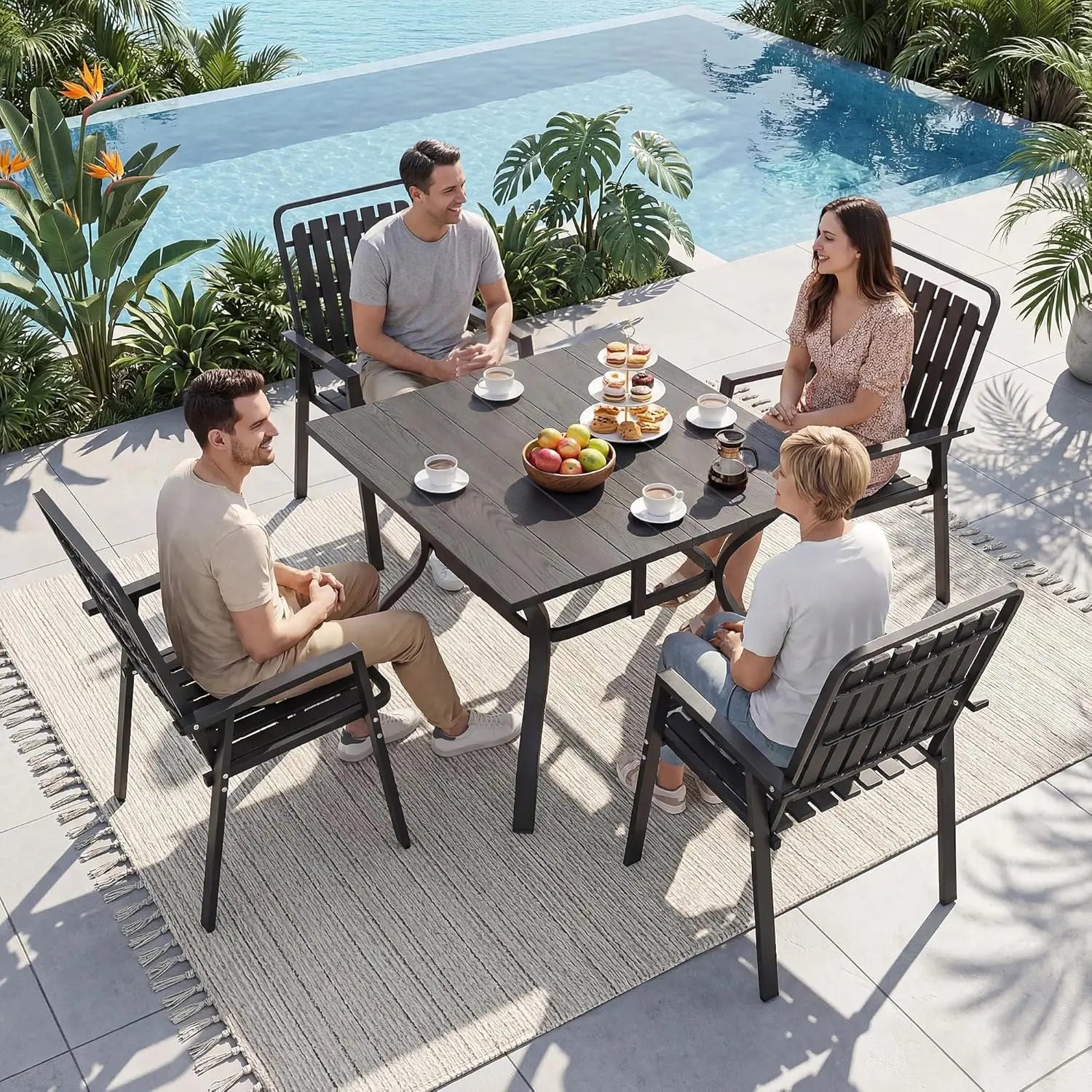 Modern 5-Piece Metal Patio Dining Set – Outdoor Table & 4 Chairs with Umbrella Hole