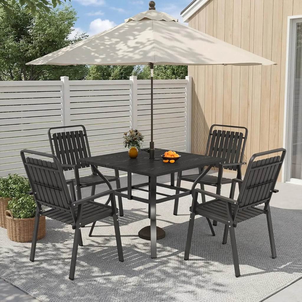 Modern 5-Piece Metal Patio Dining Set – Outdoor Table & 4 Chairs with Umbrella Hole