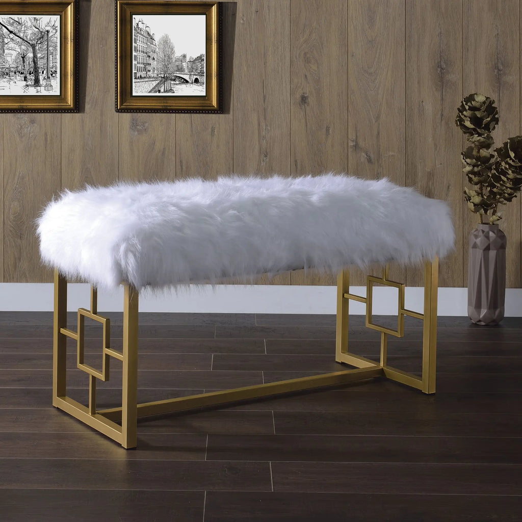 Modern White Faux Fur Bench with Gold Metal Frame