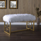 Modern White Faux Fur Bench with Gold Metal Frame