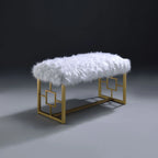 Modern White Faux Fur Bench with Gold Metal Frame