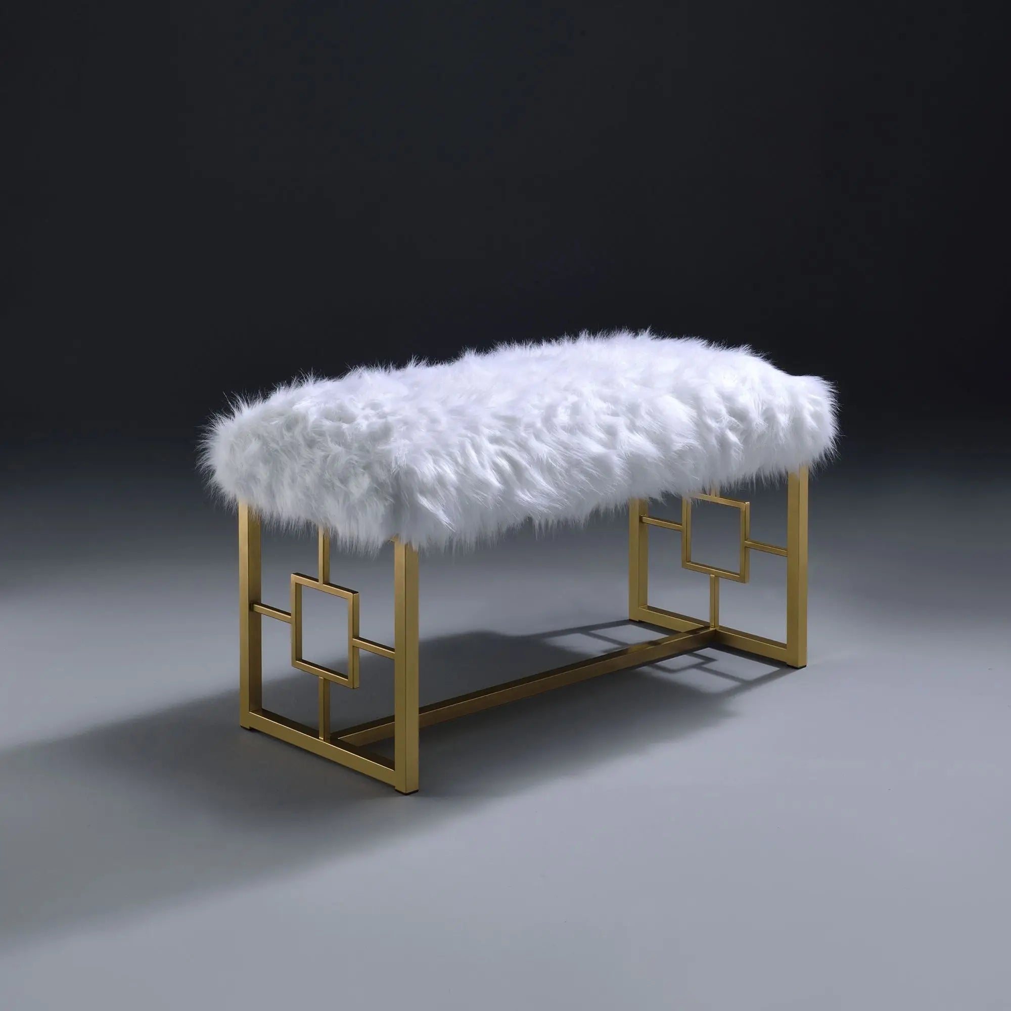 Modern White Faux Fur Bench with Gold Metal Frame