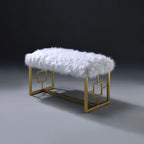 Modern White Faux Fur Bench with Gold Metal Frame