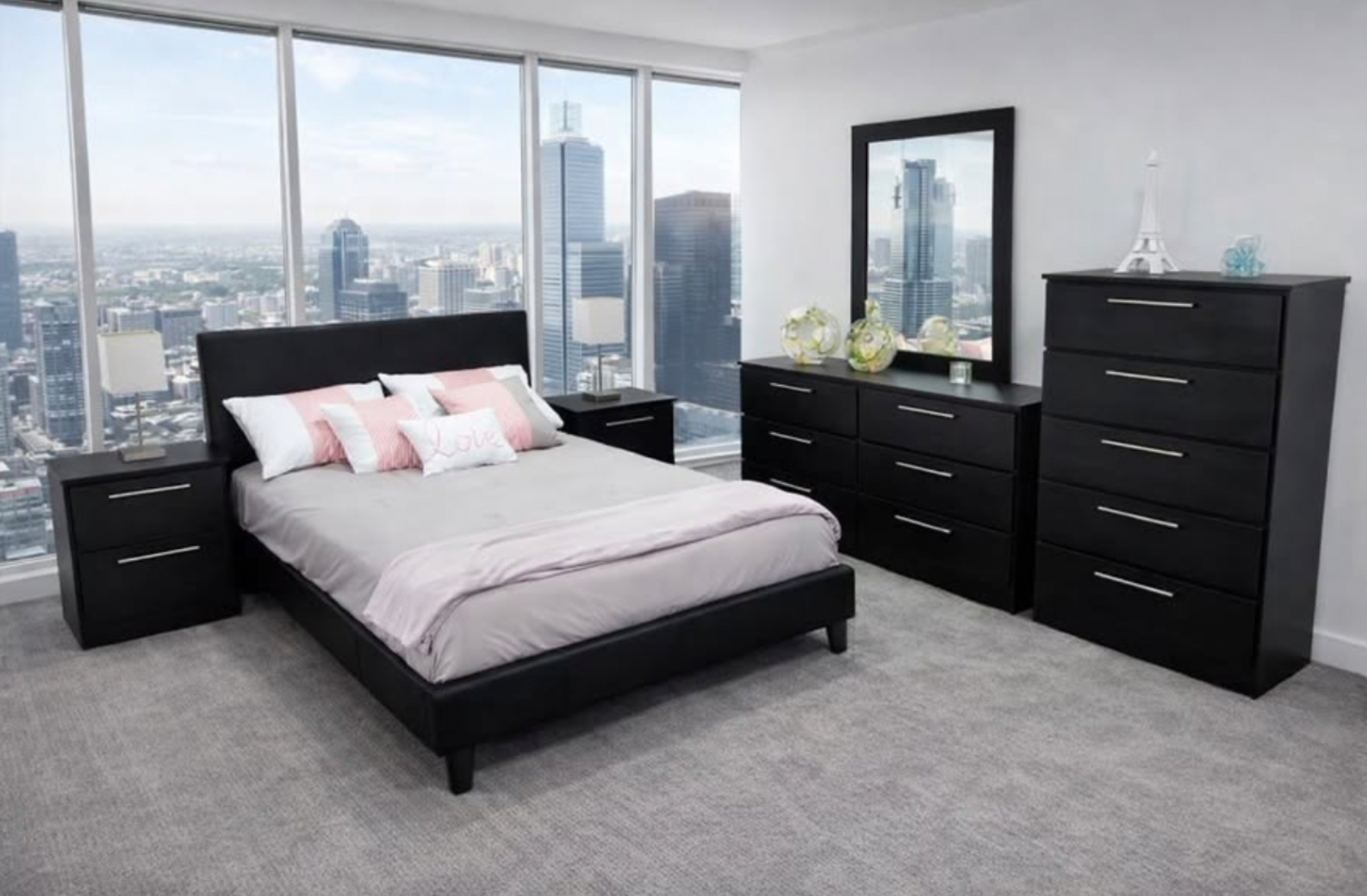 Rio Modern Bedroom 6PC Set with Chrome Handles- Black