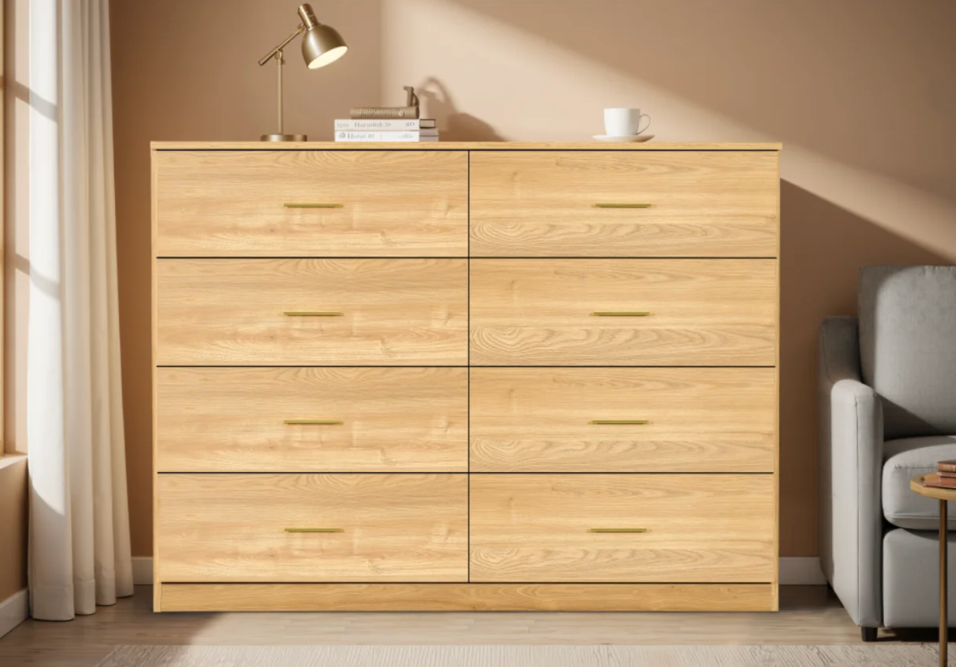 Natural Wood 8 Drawer Dresser – Modern Oak Storage Dresser