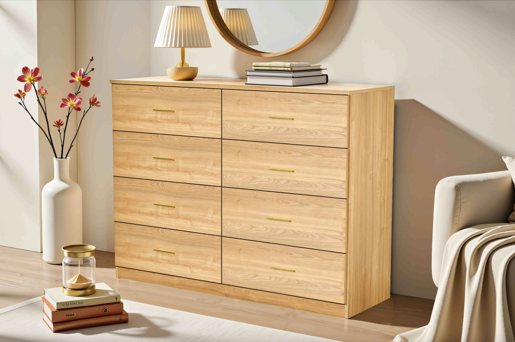 Natural Wood 8 Drawer Dresser – Modern Oak Storage Dresser