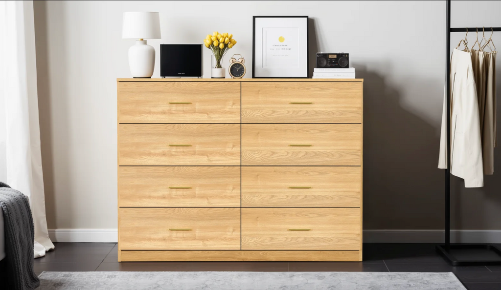 Natural Wood 8 Drawer Dresser – Modern Oak Storage Dresser