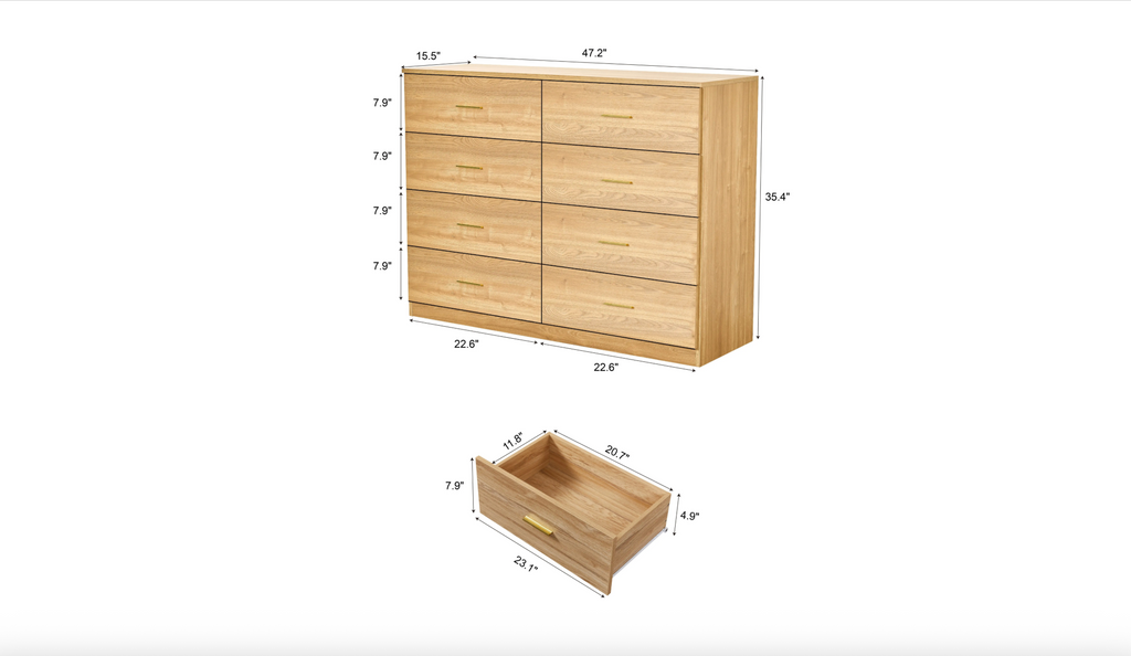 Natural Wood 8 Drawer Dresser – Modern Oak Storage Dresser