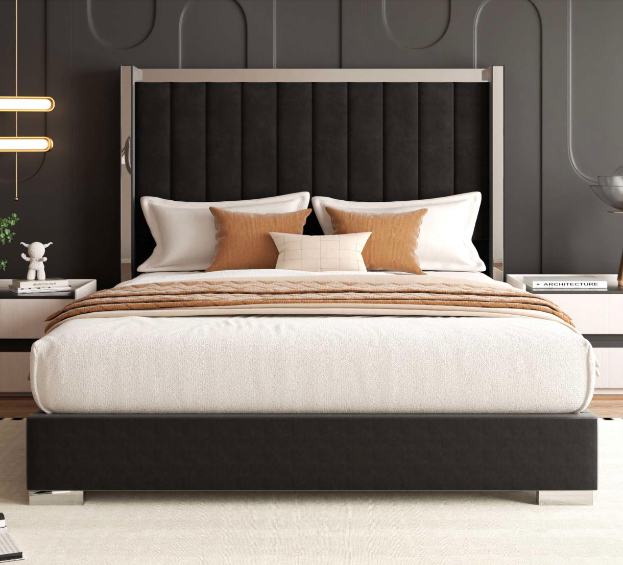 Elegant Velvet Platform Bed with Chrome Accents