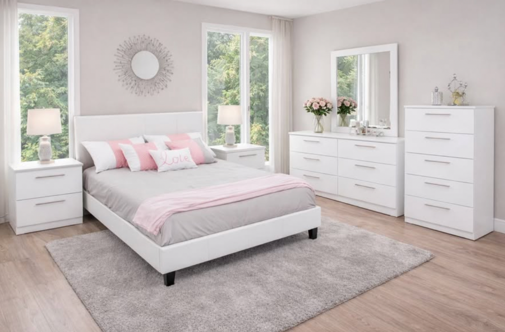 Rio Modern Bedroom 6PC Set with Chrome Handles- White