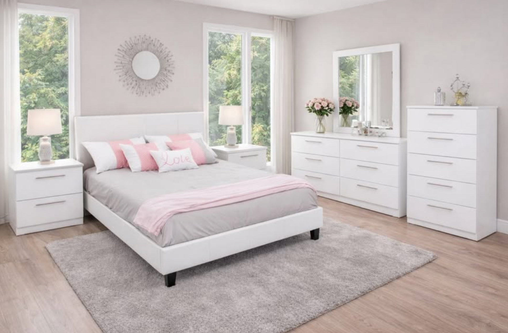 Rio Modern Bedroom 6PC Set with Chrome Handles- White