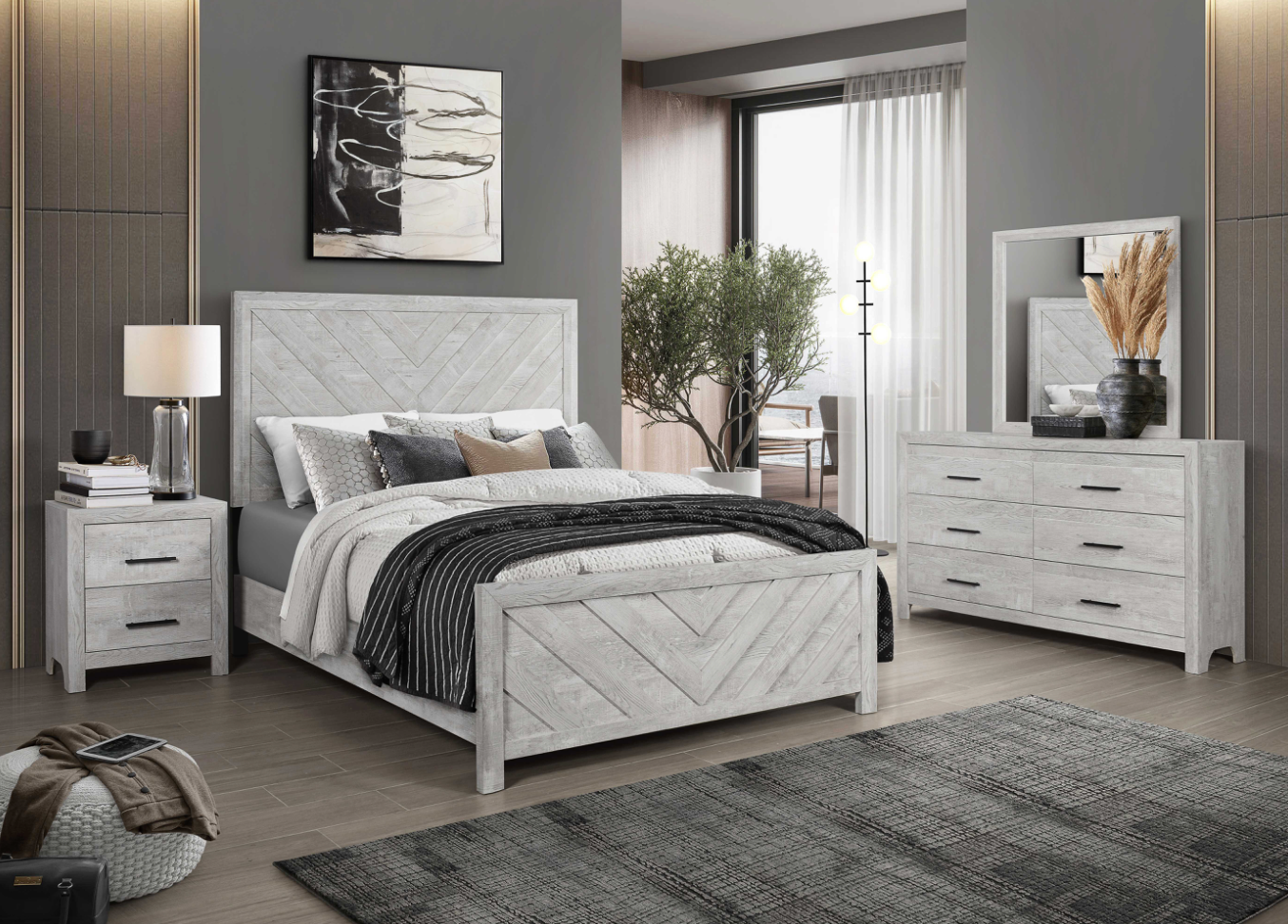 Gray Queen Bedroom Set – Bed Frame, Dresser, Mirror & Nightstand