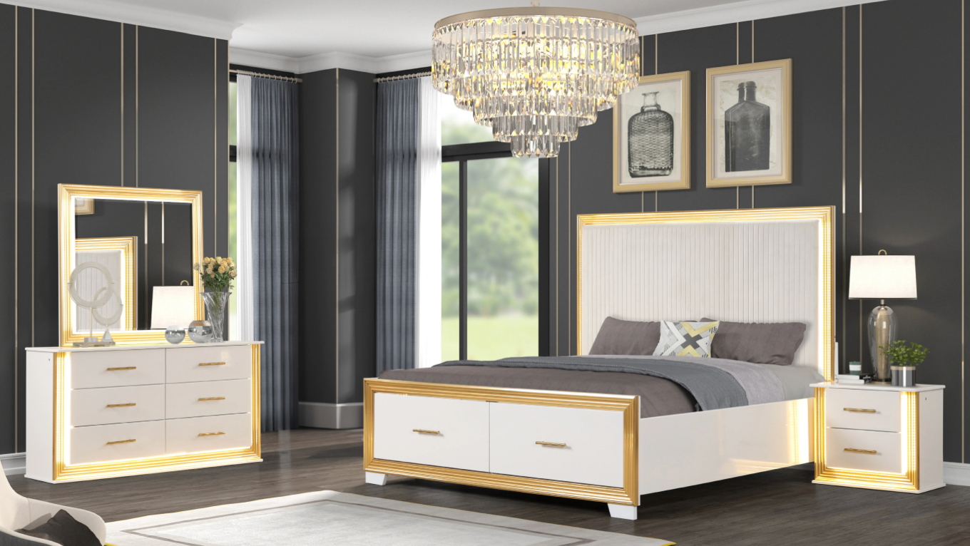 White & Gold LED Queen Bedroom Set – Bed, Dresser, Mirror & Nightstand