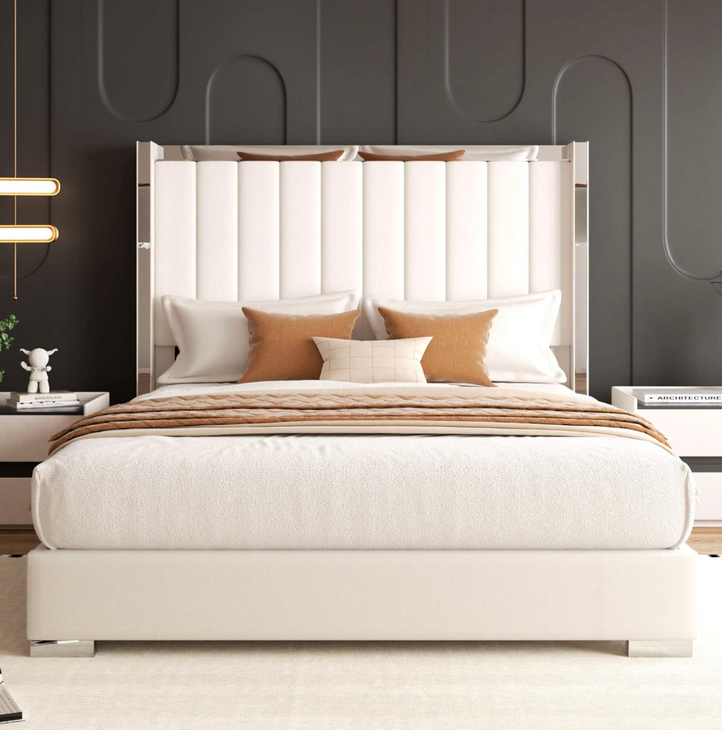 Elegant Velvet Platform Bed with Chrome Accents