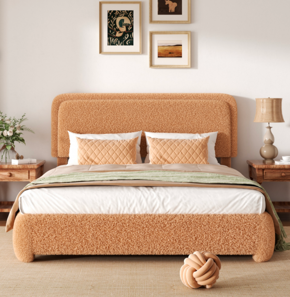 Fluffy Boucle Platform Bed Frame with Height Adjustable Headboard